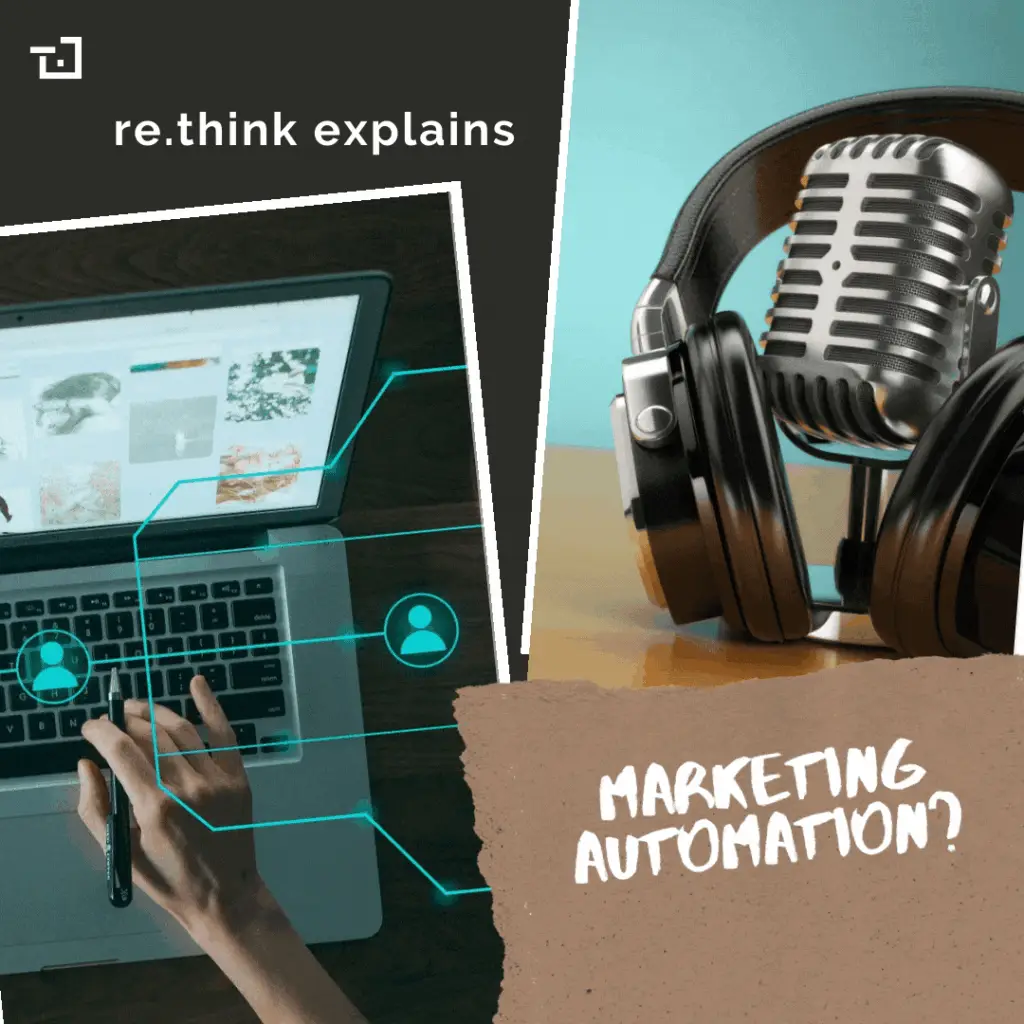 Grafik mit einer Aufschrift 'Marketing Automation?' und einem Laptop und Mikrofon mit Kopfhörern darüber
