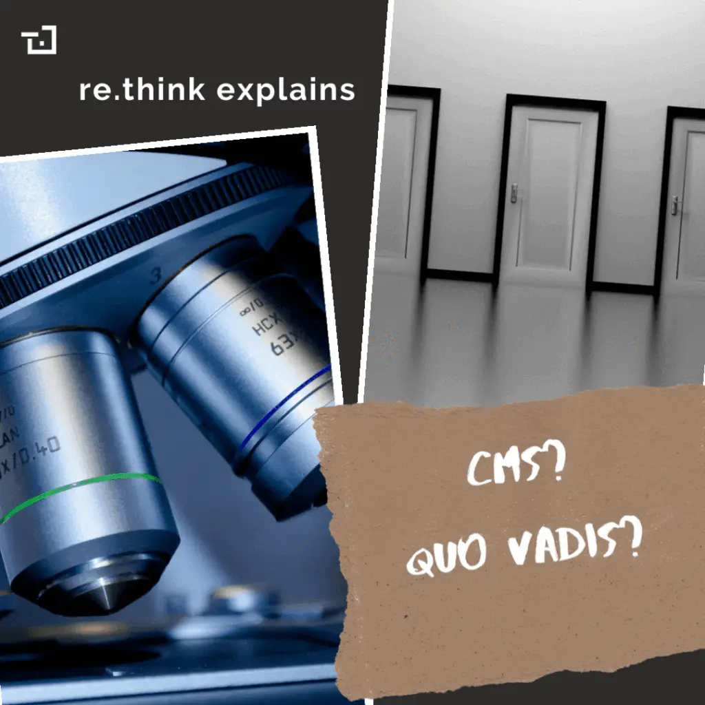 Grafik mit der Aufschrift 'CMS? Quo Vadis?' ud Türen und einem Mikroskop
